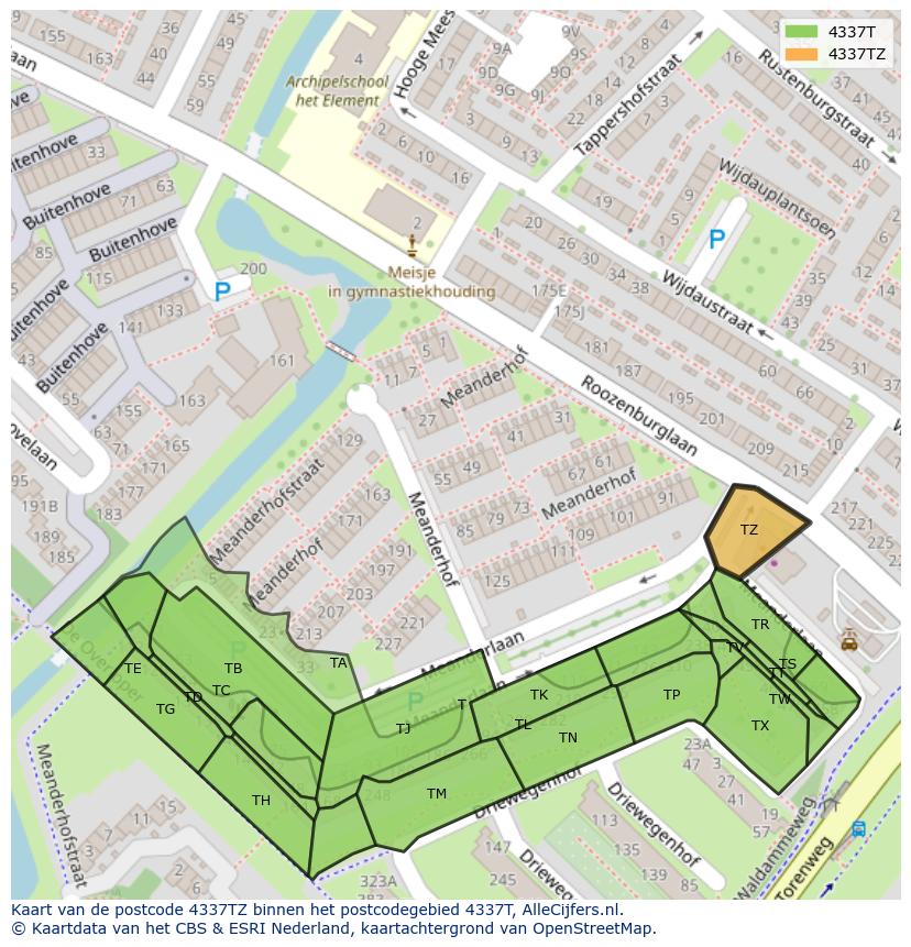 Afbeelding van het postcodegebied 4337 TZ op de kaart.