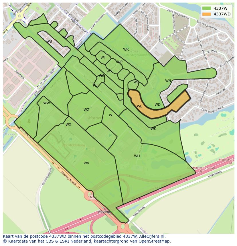Afbeelding van het postcodegebied 4337 WD op de kaart.