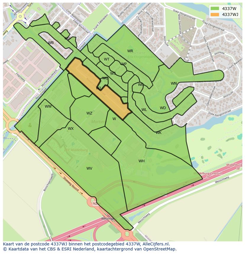 Afbeelding van het postcodegebied 4337 WJ op de kaart.