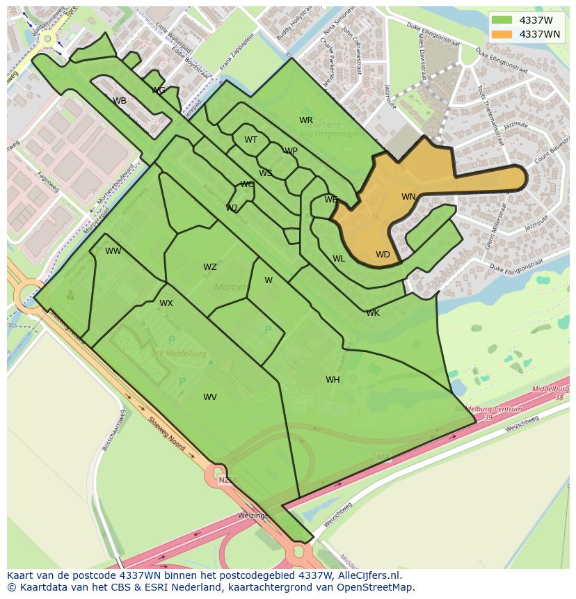 Afbeelding van het postcodegebied 4337 WN op de kaart.
