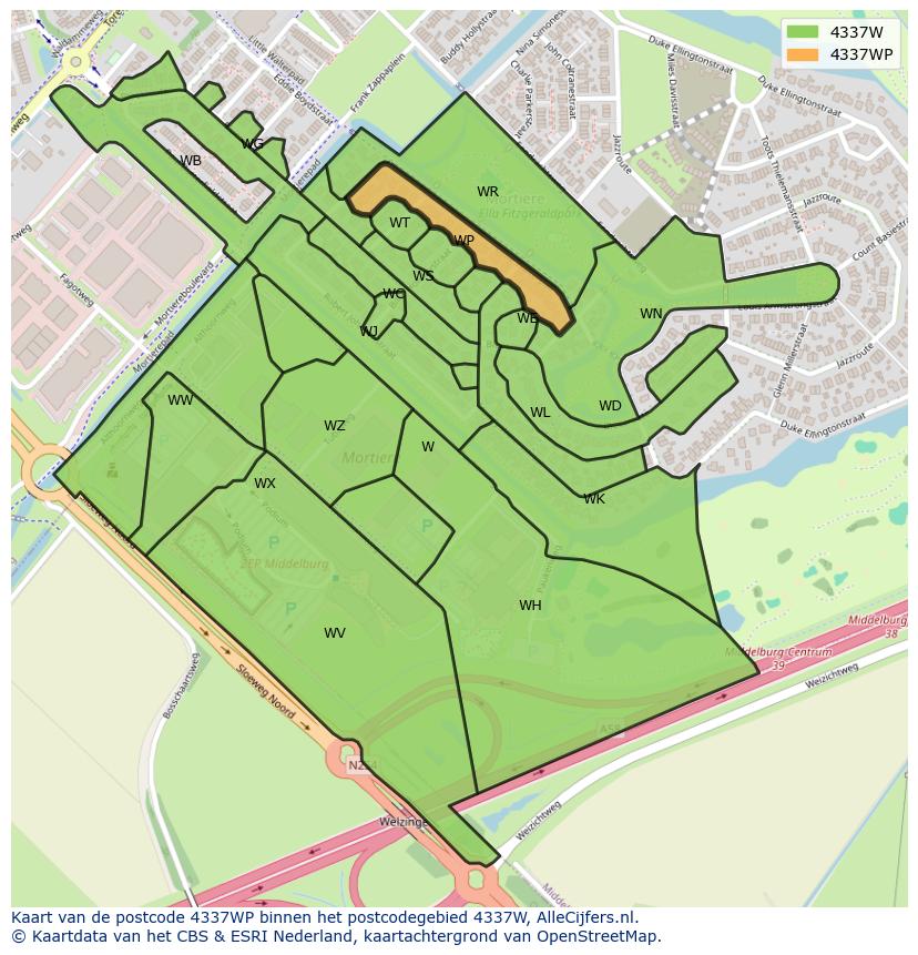 Afbeelding van het postcodegebied 4337 WP op de kaart.