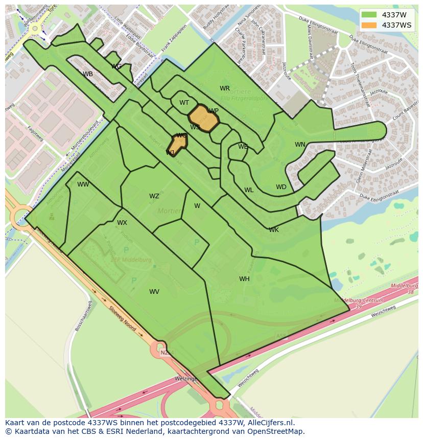Afbeelding van het postcodegebied 4337 WS op de kaart.