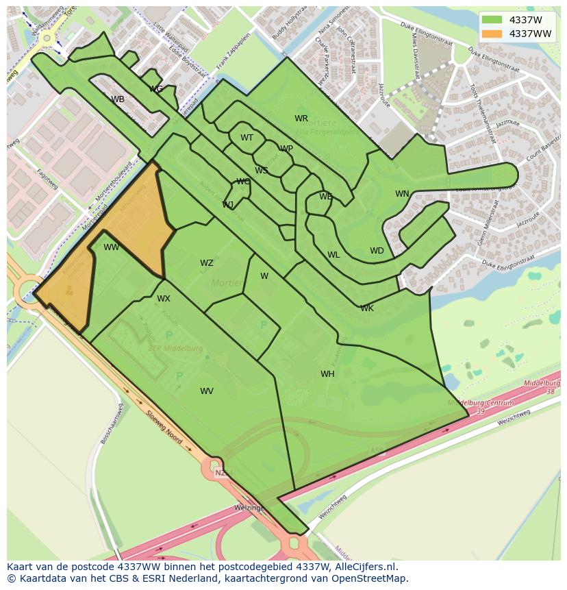 Afbeelding van het postcodegebied 4337 WW op de kaart.