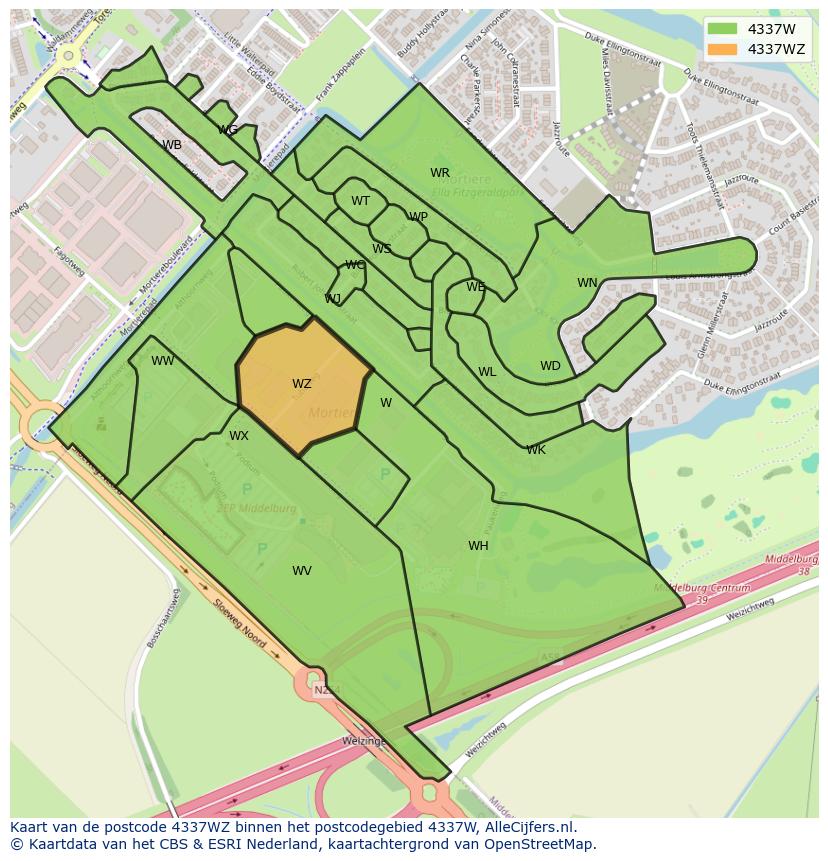 Afbeelding van het postcodegebied 4337 WZ op de kaart.