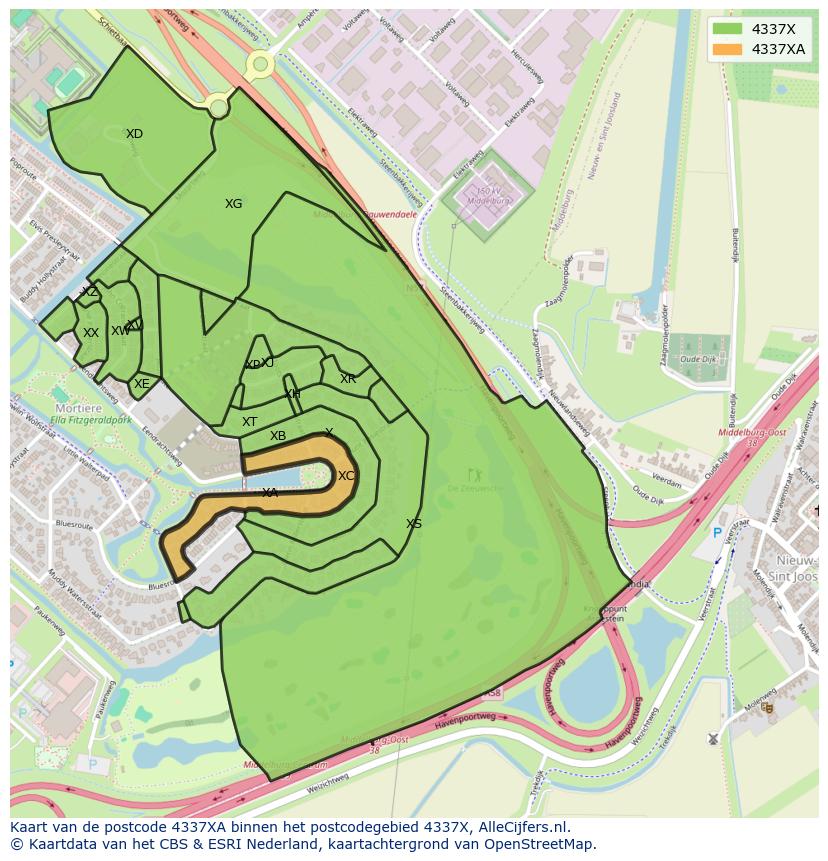 Afbeelding van het postcodegebied 4337 XA op de kaart.