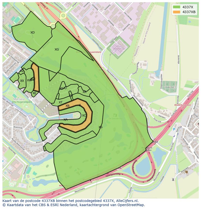 Afbeelding van het postcodegebied 4337 XB op de kaart.