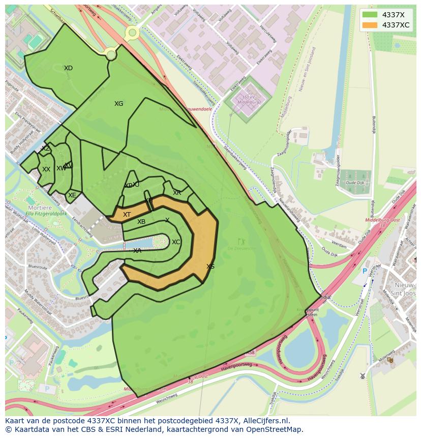 Afbeelding van het postcodegebied 4337 XC op de kaart.
