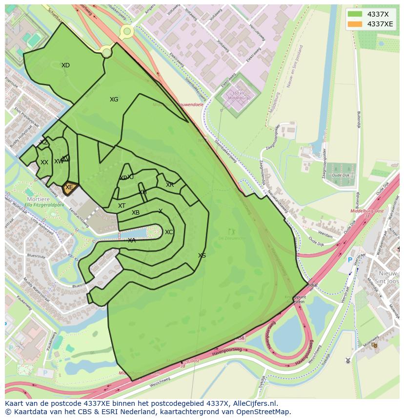 Afbeelding van het postcodegebied 4337 XE op de kaart.