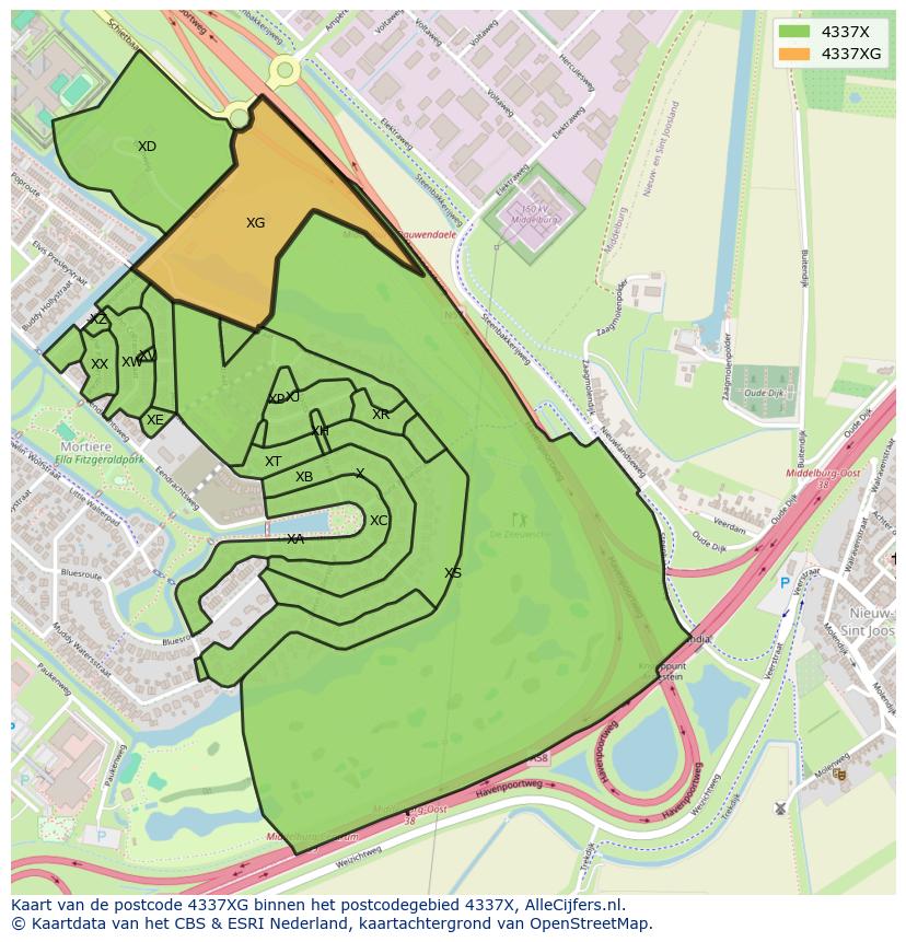 Afbeelding van het postcodegebied 4337 XG op de kaart.