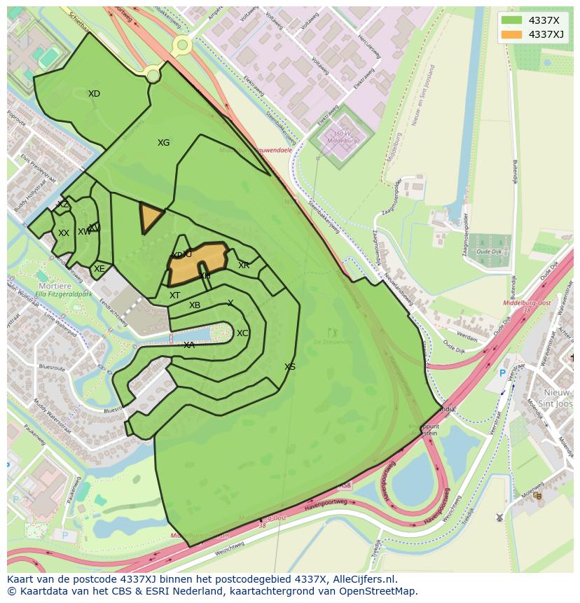 Afbeelding van het postcodegebied 4337 XJ op de kaart.