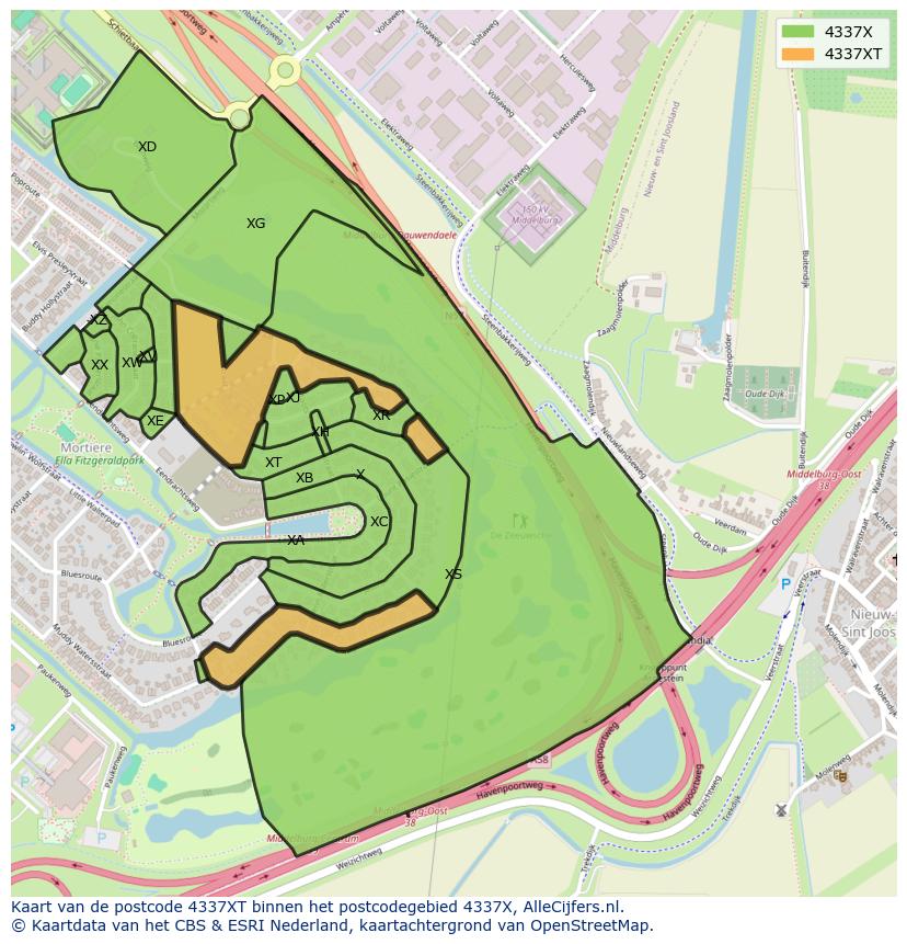 Afbeelding van het postcodegebied 4337 XT op de kaart.
