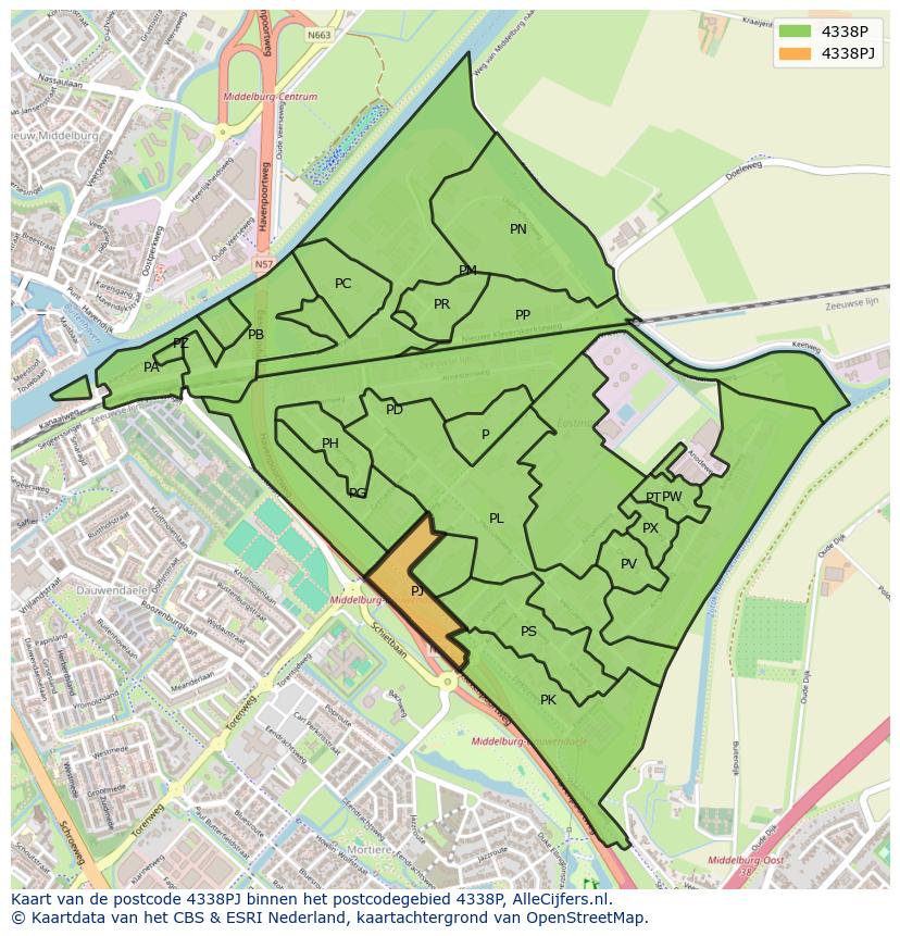 Afbeelding van het postcodegebied 4338 PJ op de kaart.