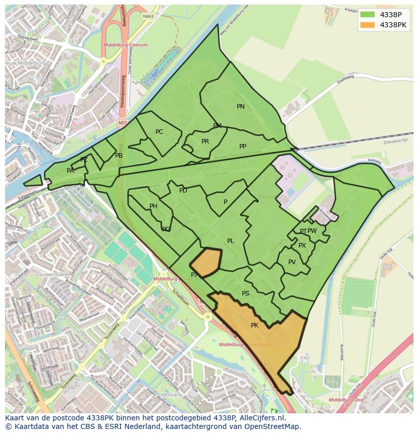 Afbeelding van het postcodegebied 4338 PK op de kaart.