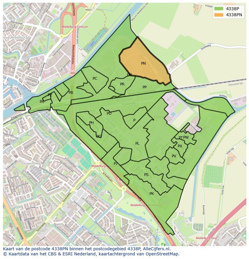 Afbeelding van het postcodegebied 4338 PN op de kaart.