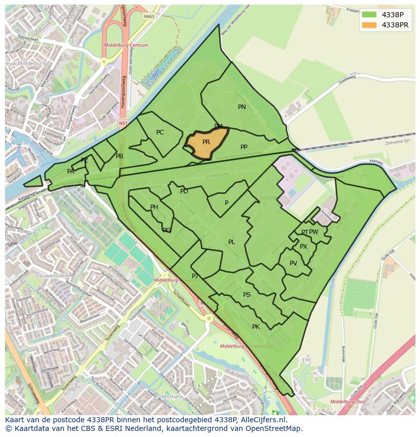 Afbeelding van het postcodegebied 4338 PR op de kaart.