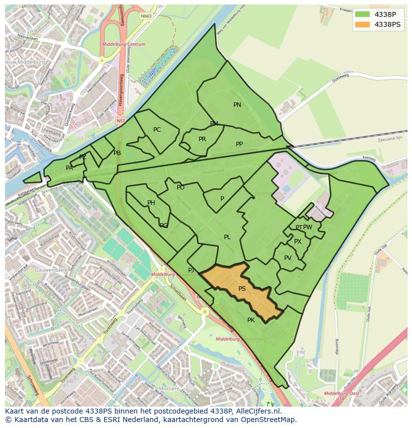Afbeelding van het postcodegebied 4338 PS op de kaart.