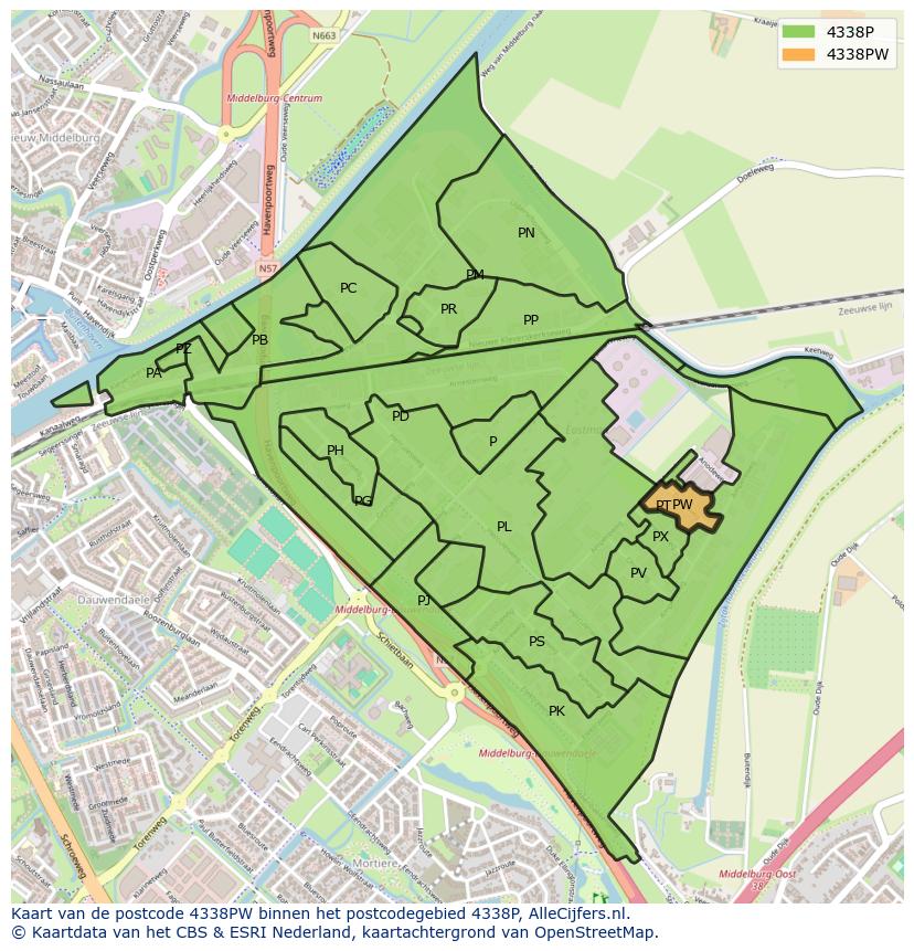 Afbeelding van het postcodegebied 4338 PW op de kaart.