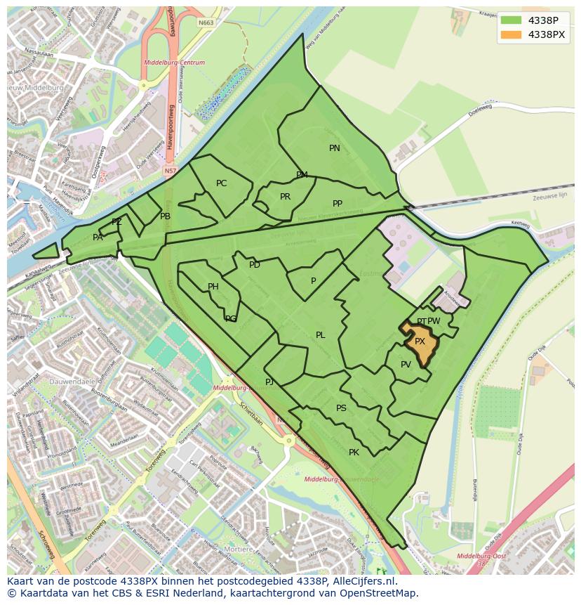 Afbeelding van het postcodegebied 4338 PX op de kaart.