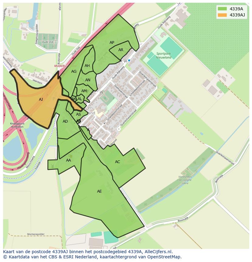Afbeelding van het postcodegebied 4339 AJ op de kaart.