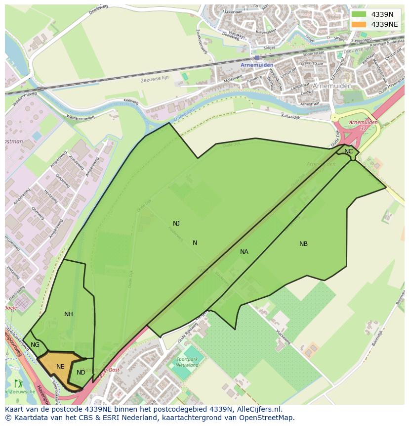 Afbeelding van het postcodegebied 4339 NE op de kaart.