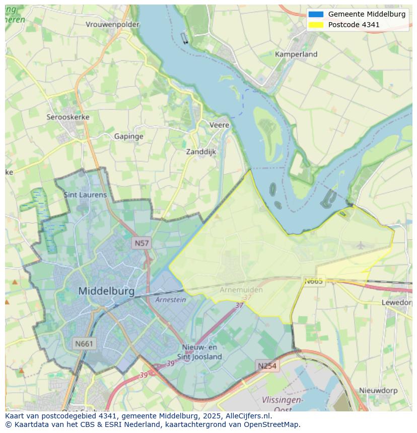 Afbeelding van het postcodegebied 4341 op de kaart.