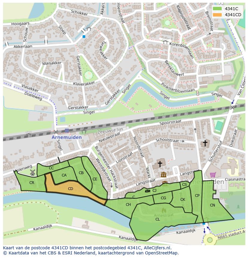 Afbeelding van het postcodegebied 4341 CD op de kaart.