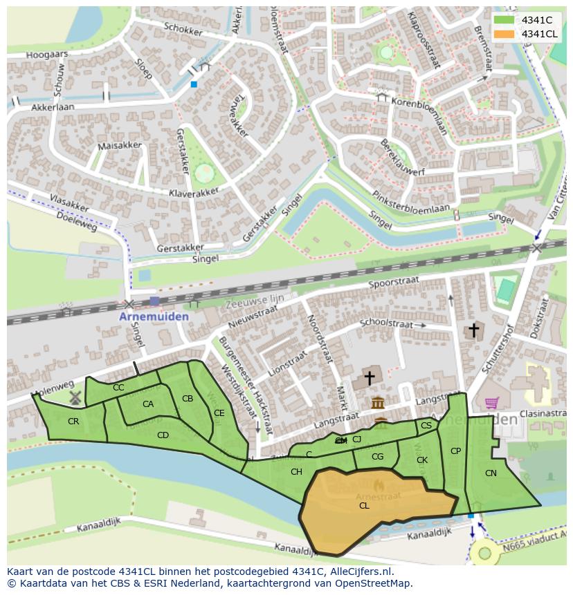 Afbeelding van het postcodegebied 4341 CL op de kaart.