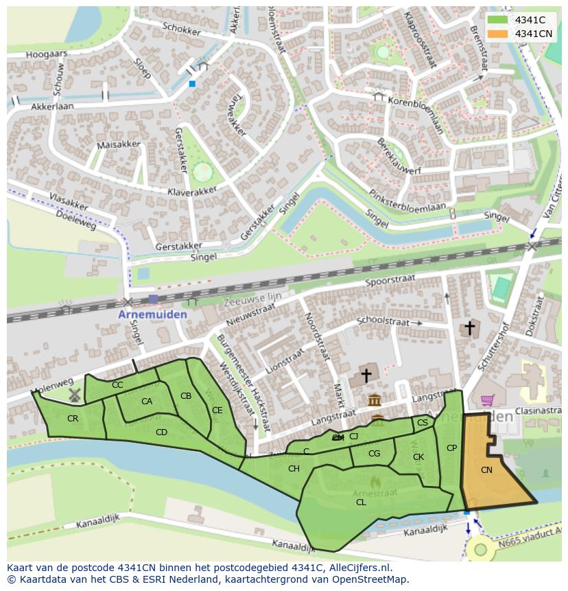 Afbeelding van het postcodegebied 4341 CN op de kaart.