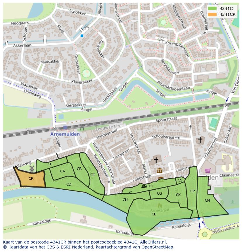 Afbeelding van het postcodegebied 4341 CR op de kaart.
