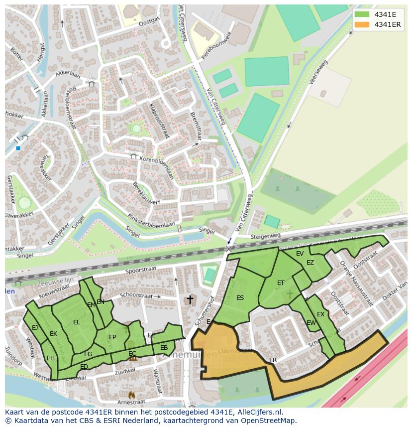 Afbeelding van het postcodegebied 4341 ER op de kaart.
