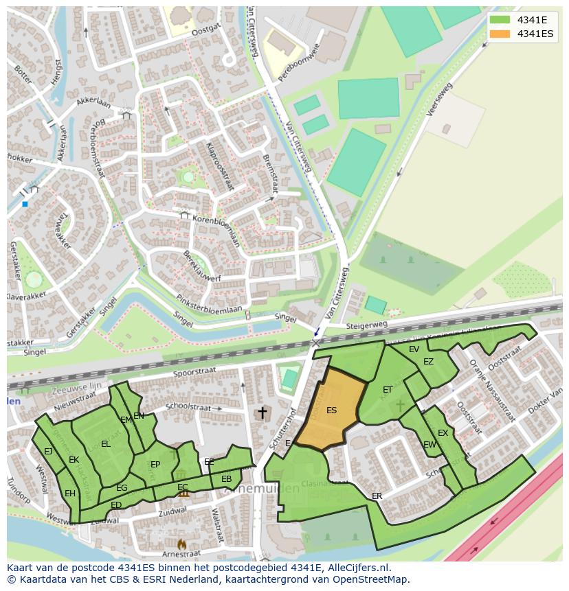 Afbeelding van het postcodegebied 4341 ES op de kaart.