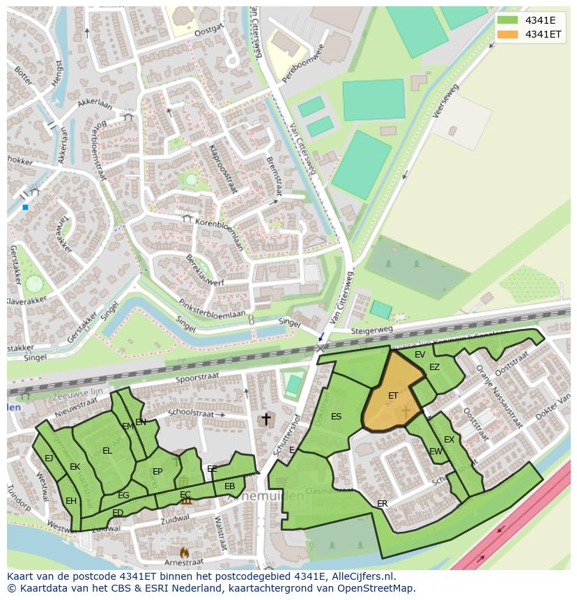 Afbeelding van het postcodegebied 4341 ET op de kaart.