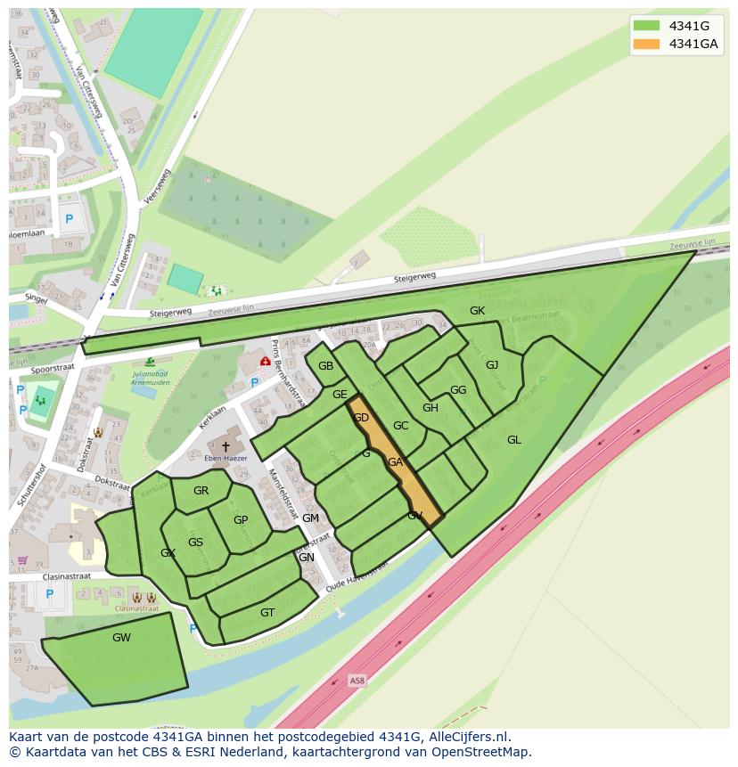 Afbeelding van het postcodegebied 4341 GA op de kaart.