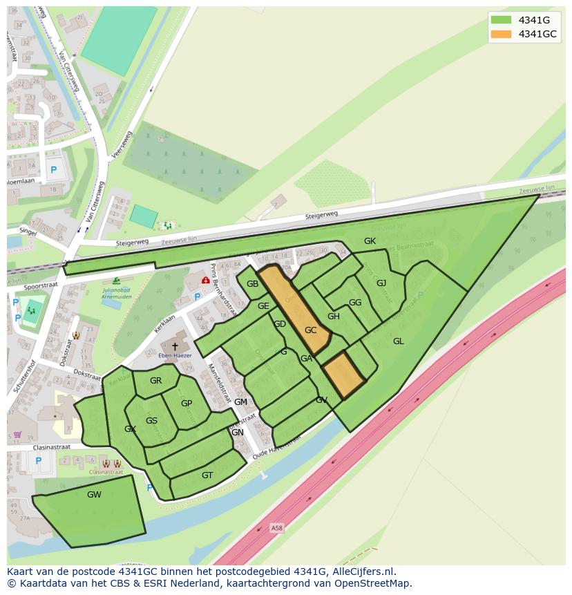 Afbeelding van het postcodegebied 4341 GC op de kaart.