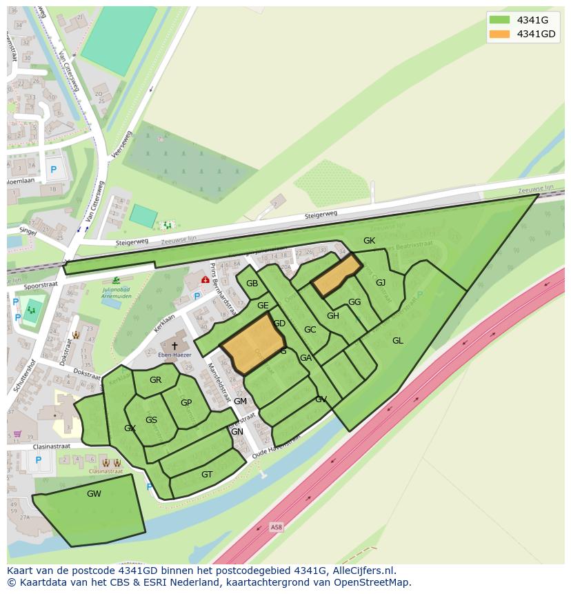 Afbeelding van het postcodegebied 4341 GD op de kaart.