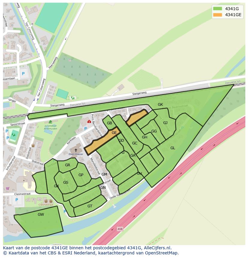 Afbeelding van het postcodegebied 4341 GE op de kaart.