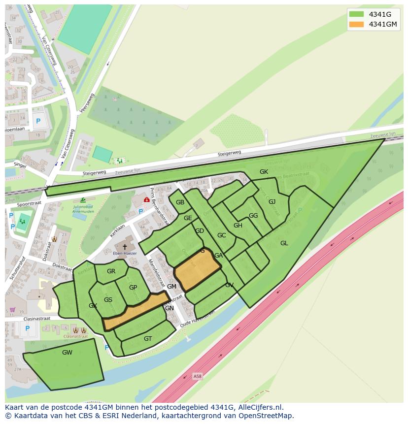 Afbeelding van het postcodegebied 4341 GM op de kaart.