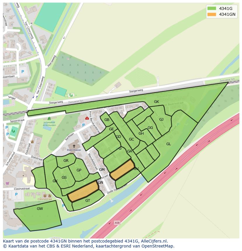 Afbeelding van het postcodegebied 4341 GN op de kaart.