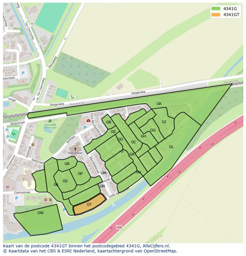 Afbeelding van het postcodegebied 4341 GT op de kaart.