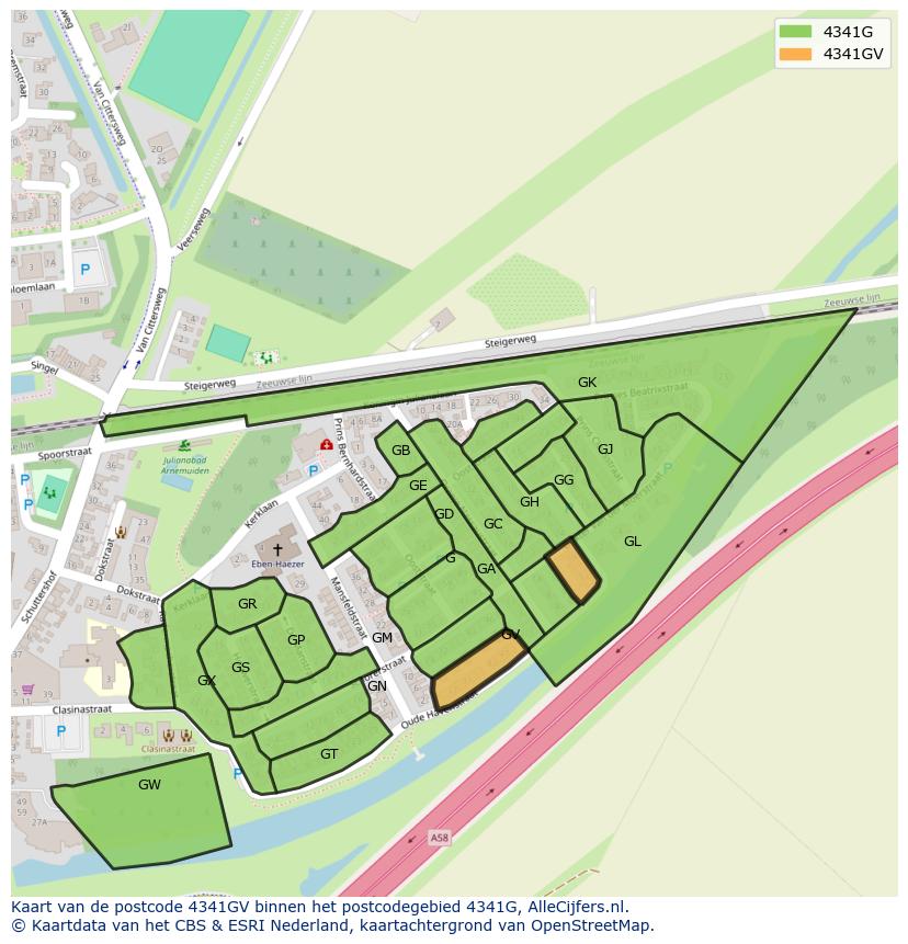 Afbeelding van het postcodegebied 4341 GV op de kaart.