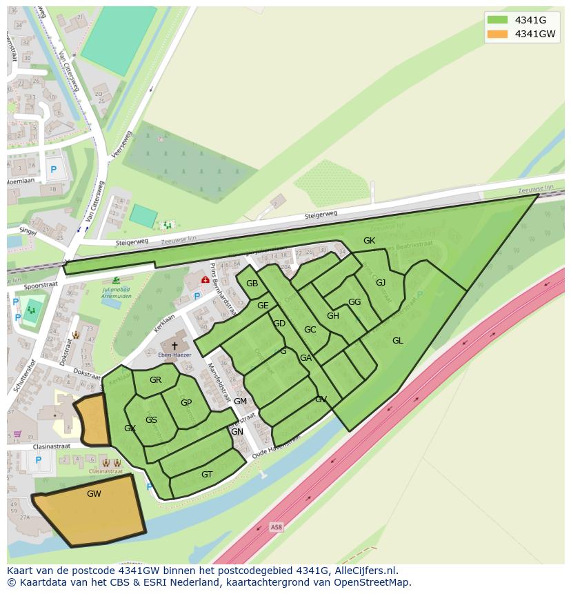 Afbeelding van het postcodegebied 4341 GW op de kaart.