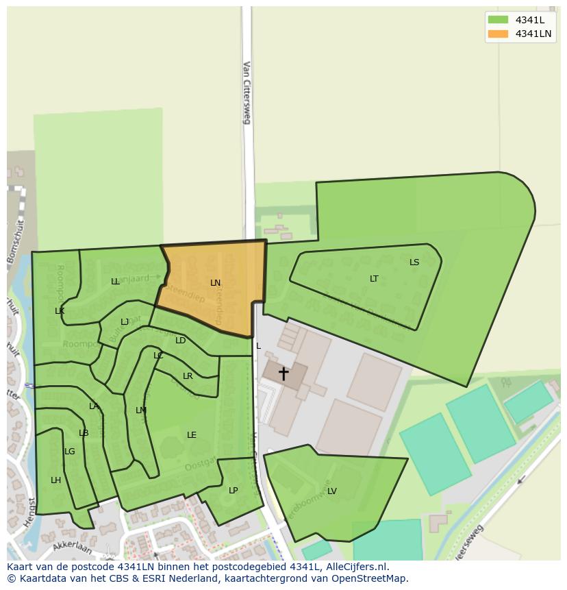 Afbeelding van het postcodegebied 4341 LN op de kaart.