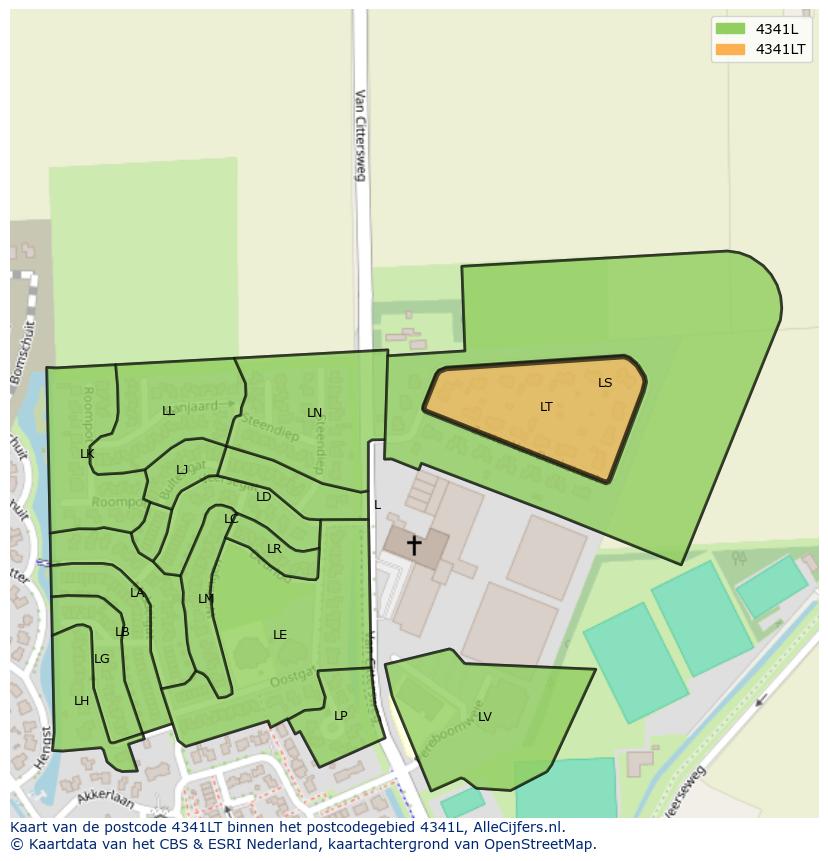 Afbeelding van het postcodegebied 4341 LT op de kaart.