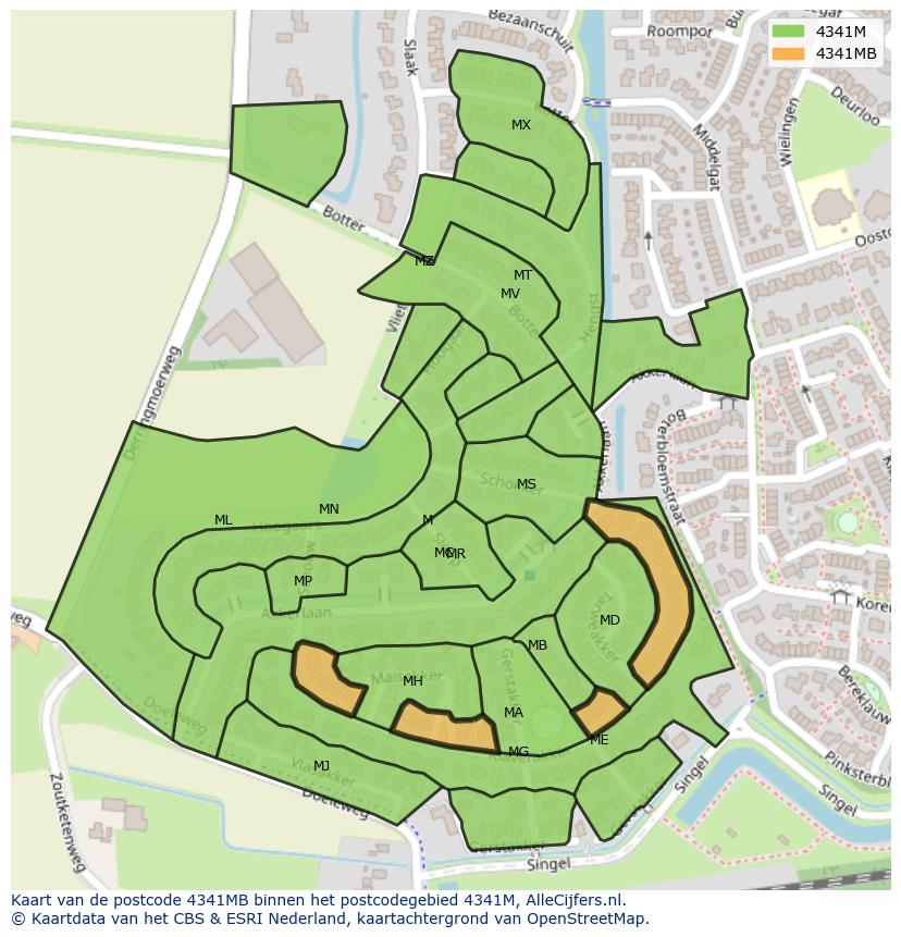 Afbeelding van het postcodegebied 4341 MB op de kaart.