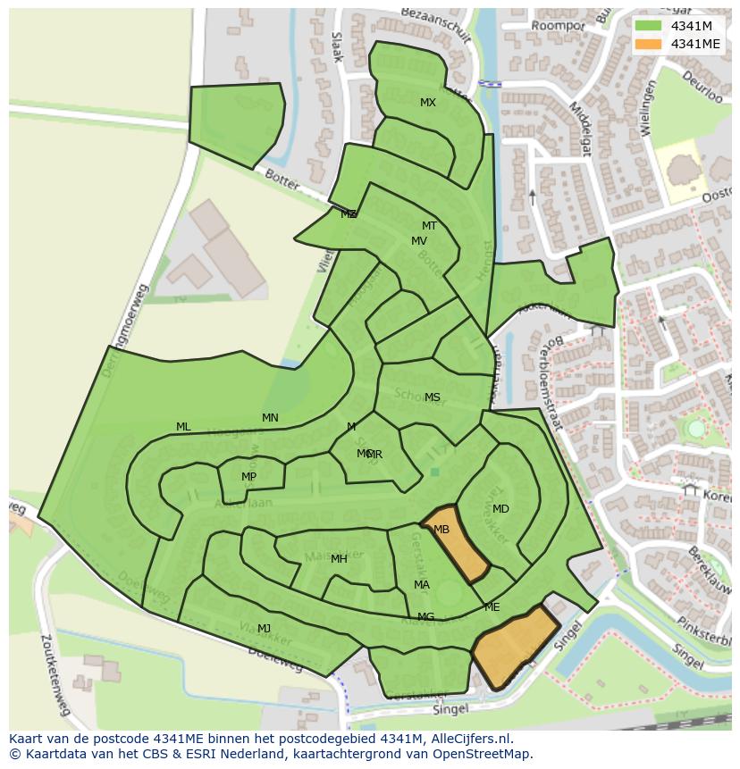 Afbeelding van het postcodegebied 4341 ME op de kaart.