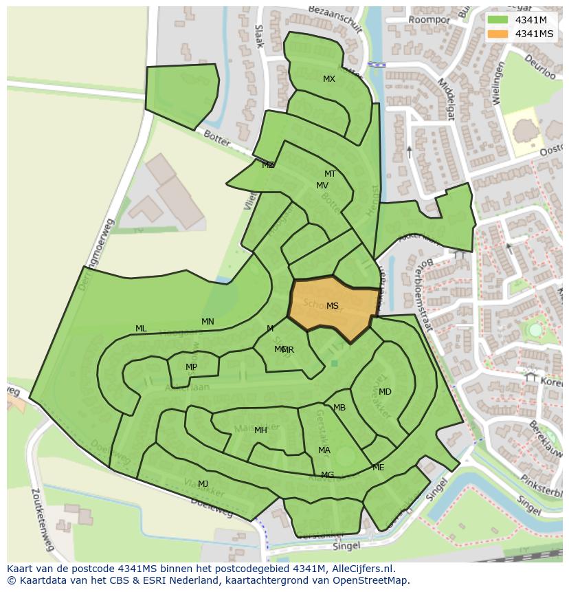 Afbeelding van het postcodegebied 4341 MS op de kaart.
