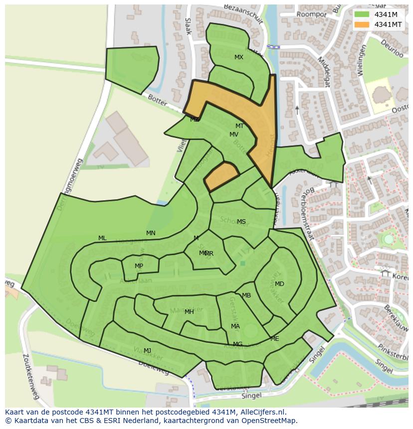 Afbeelding van het postcodegebied 4341 MT op de kaart.