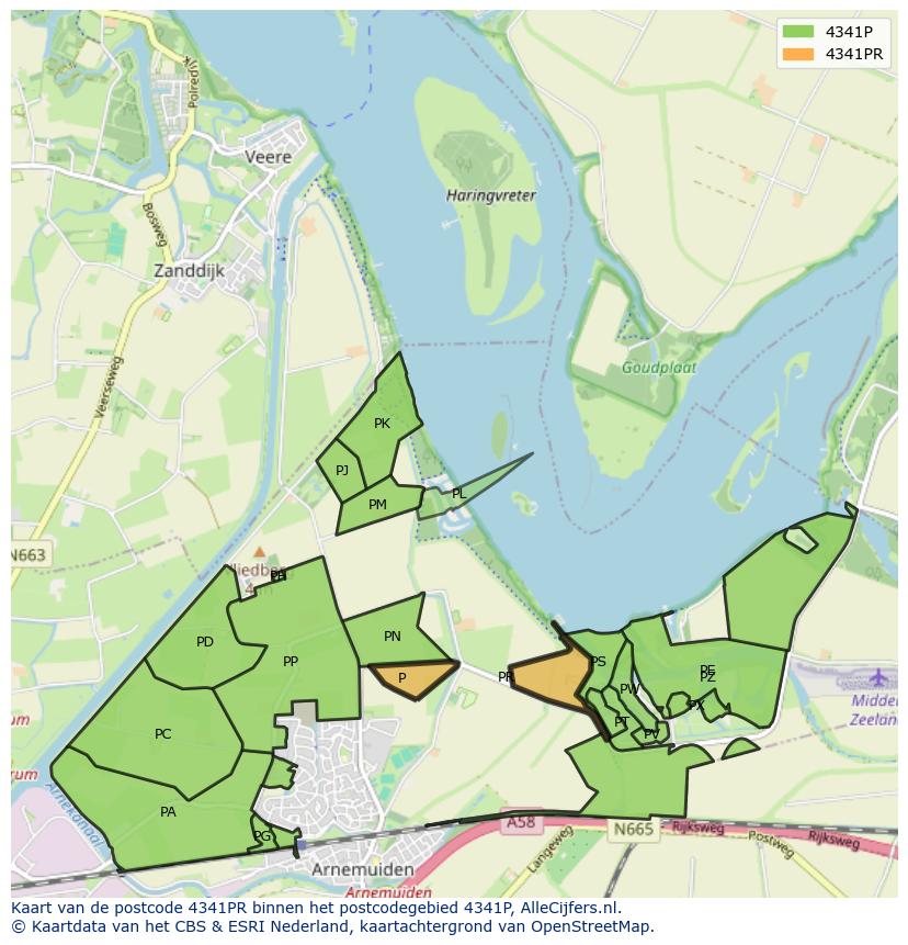 Afbeelding van het postcodegebied 4341 PR op de kaart.