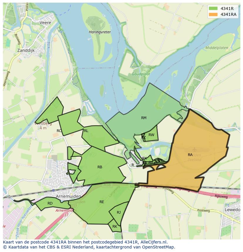 Afbeelding van het postcodegebied 4341 RA op de kaart.