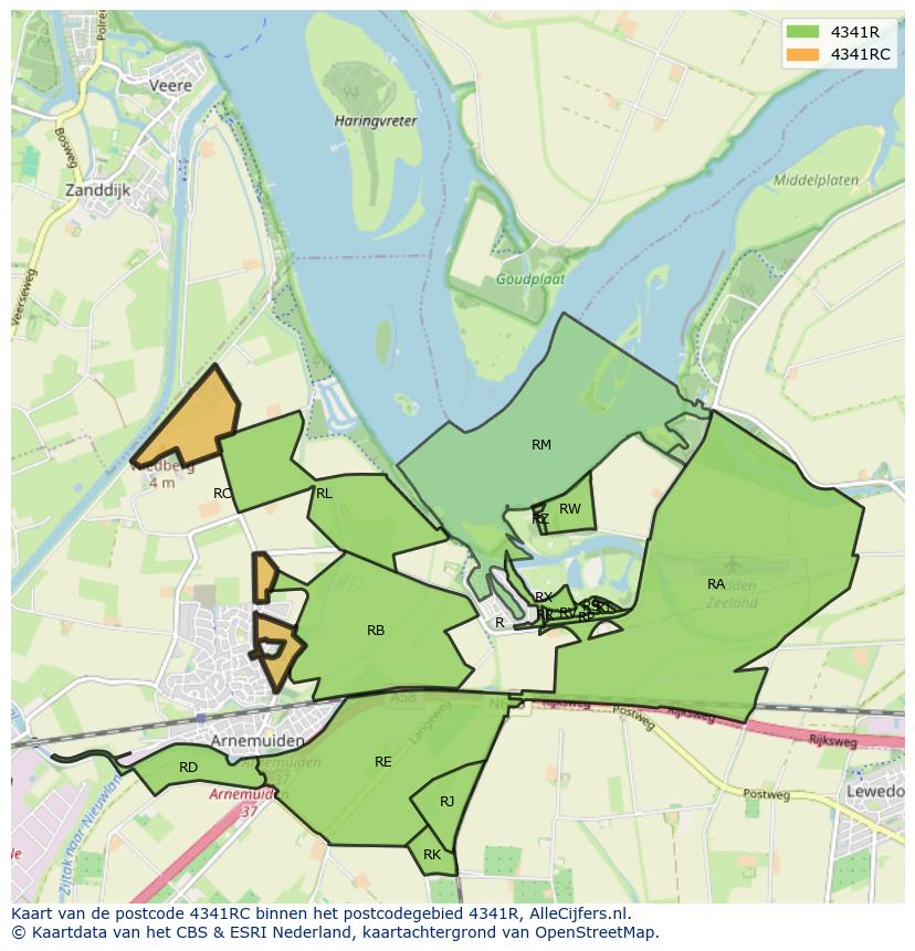Afbeelding van het postcodegebied 4341 RC op de kaart.